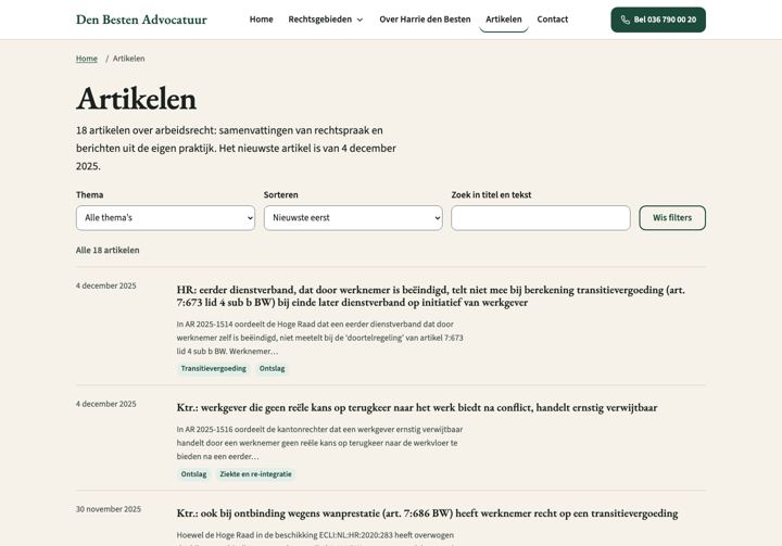 Artikelenoverzicht op desktop: filterbalk met thema, sortering en zoekveld boven de artikelkaarten
