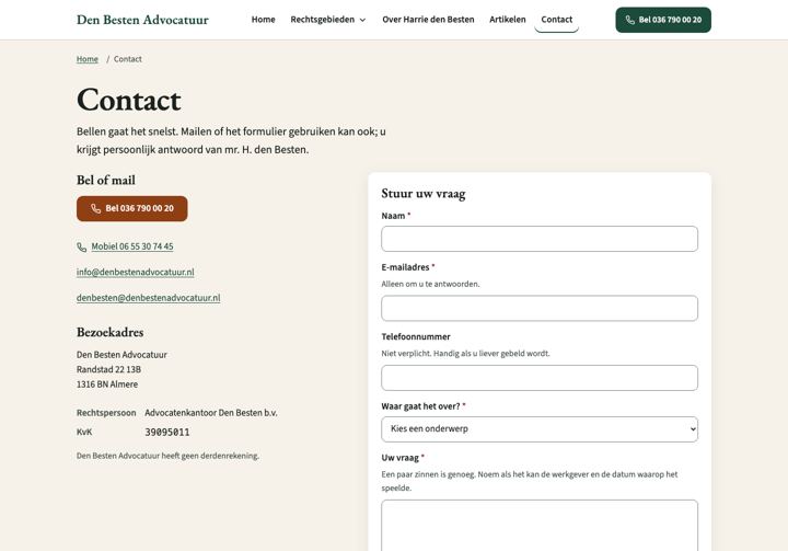 Contactpagina op desktop: telefoonknop en contactgegevens links, formulier rechts