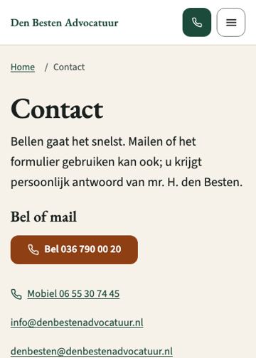Contactpagina op mobiel: kop en telefoonknop bovenaan