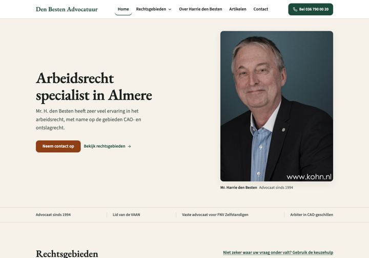Homepage van het prototype op desktop: kop Arbeidsrecht specialist in Almere, koperen knop Neem contact op en kantoorkaart