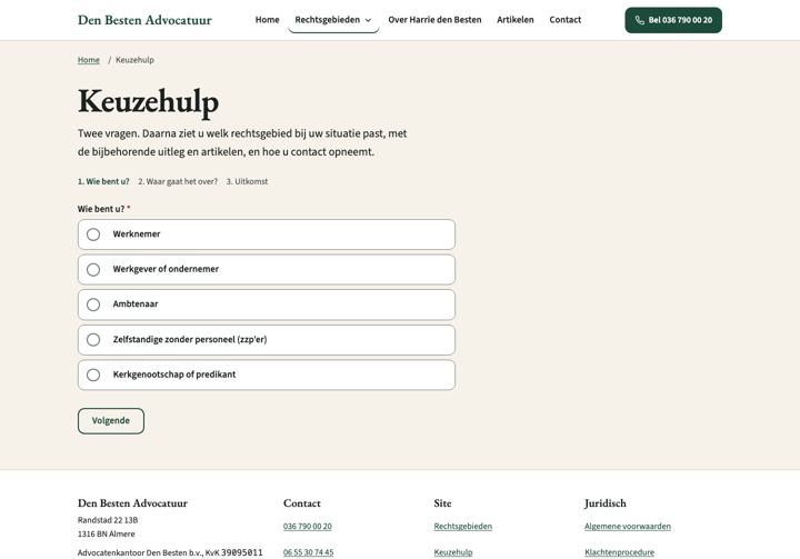 Keuzehulp op desktop: stappenindicator en de eerste vraag met keuzeopties