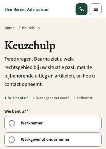Keuzehulp op mobiel: eerste vraag met keuzeopties onder elkaar