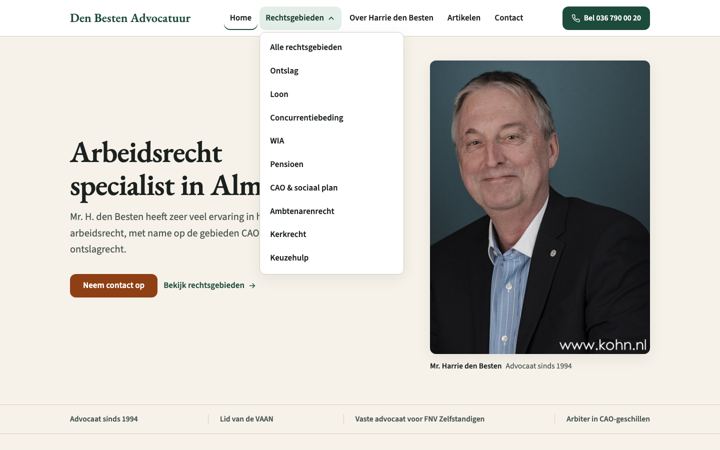Homepage op desktop met de uitklaplijst Rechtsgebieden geopend onder de menubalk