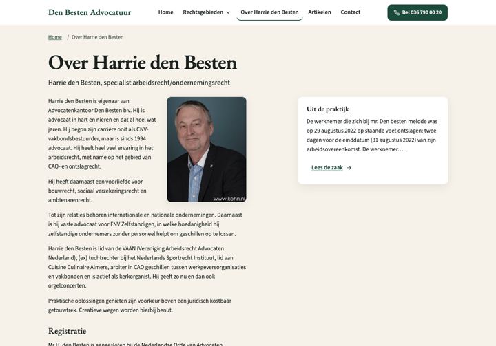 Over-pagina op desktop: kop en bio-tekst met zijkolom