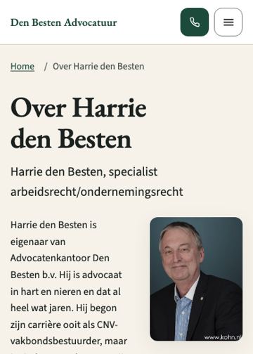 Over-pagina op mobiel: kop en bio-tekst