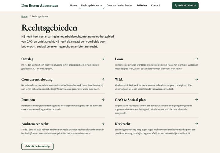 Rechtsgebieden-overzicht op desktop met kaarten in vier kolommen